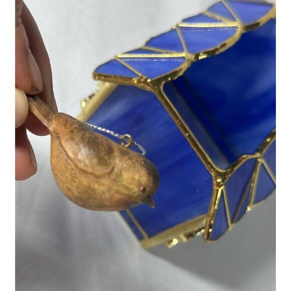 Stained Glass Hummingbird House w/ Flower 4" Tall Candle Votive Holder / 2 Birds - Picture 7 of 8